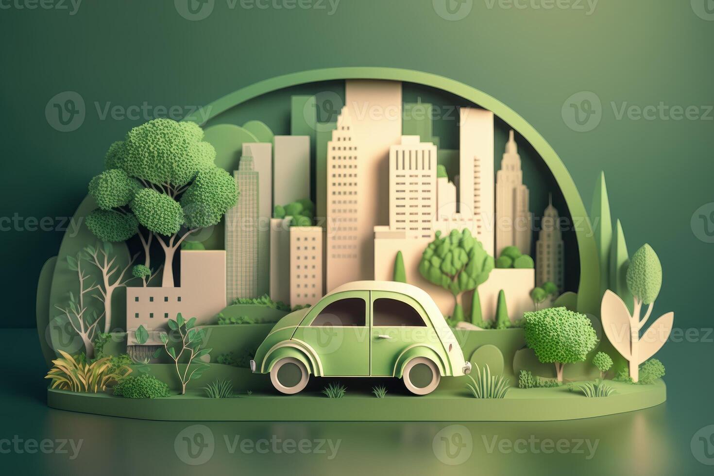 Eco friendly car with cityscape paper cut style, Renewable and sustainable energy concept. photo