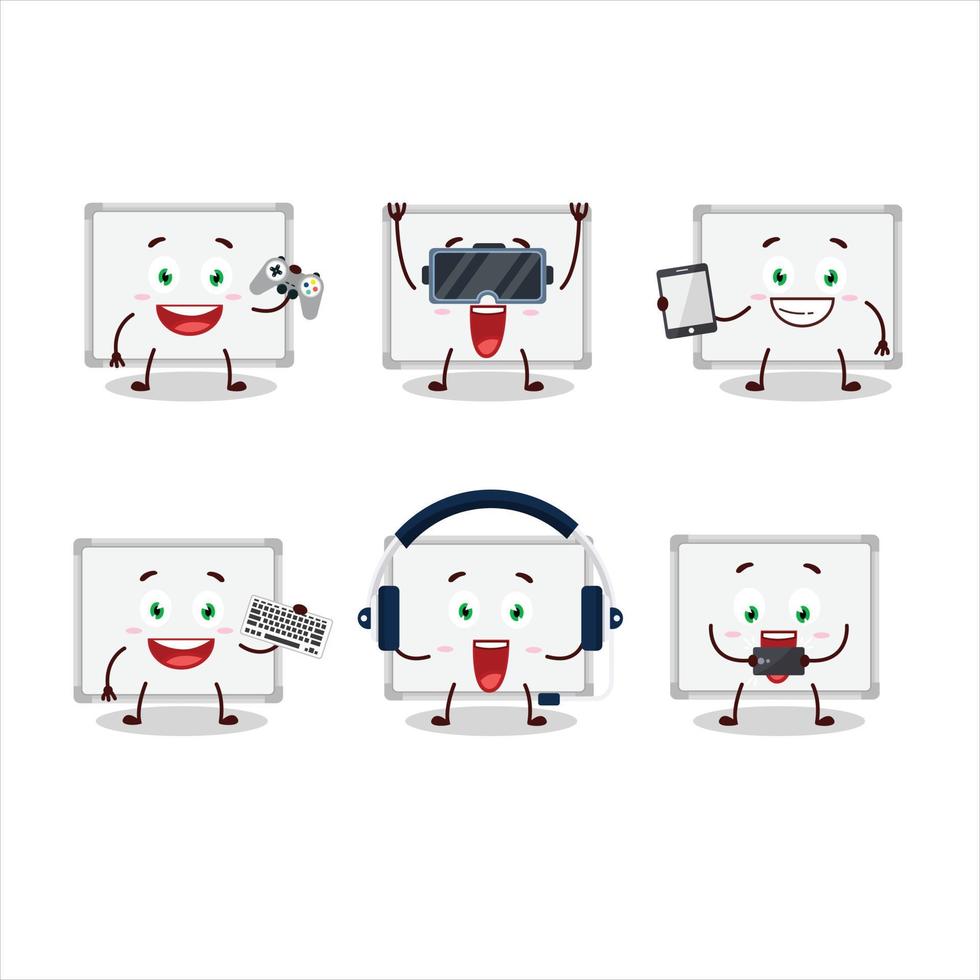 Whiteboard cartoon character are playing games with various cute emoticons vector