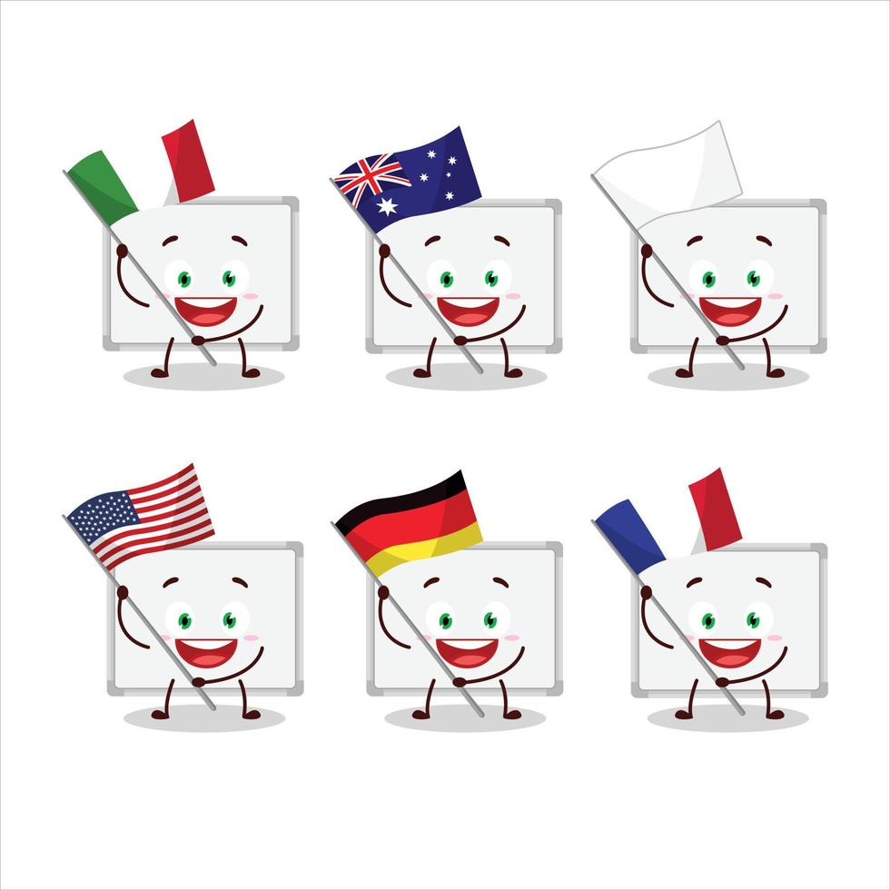 pizarron dibujos animados personaje traer el banderas de varios países vector