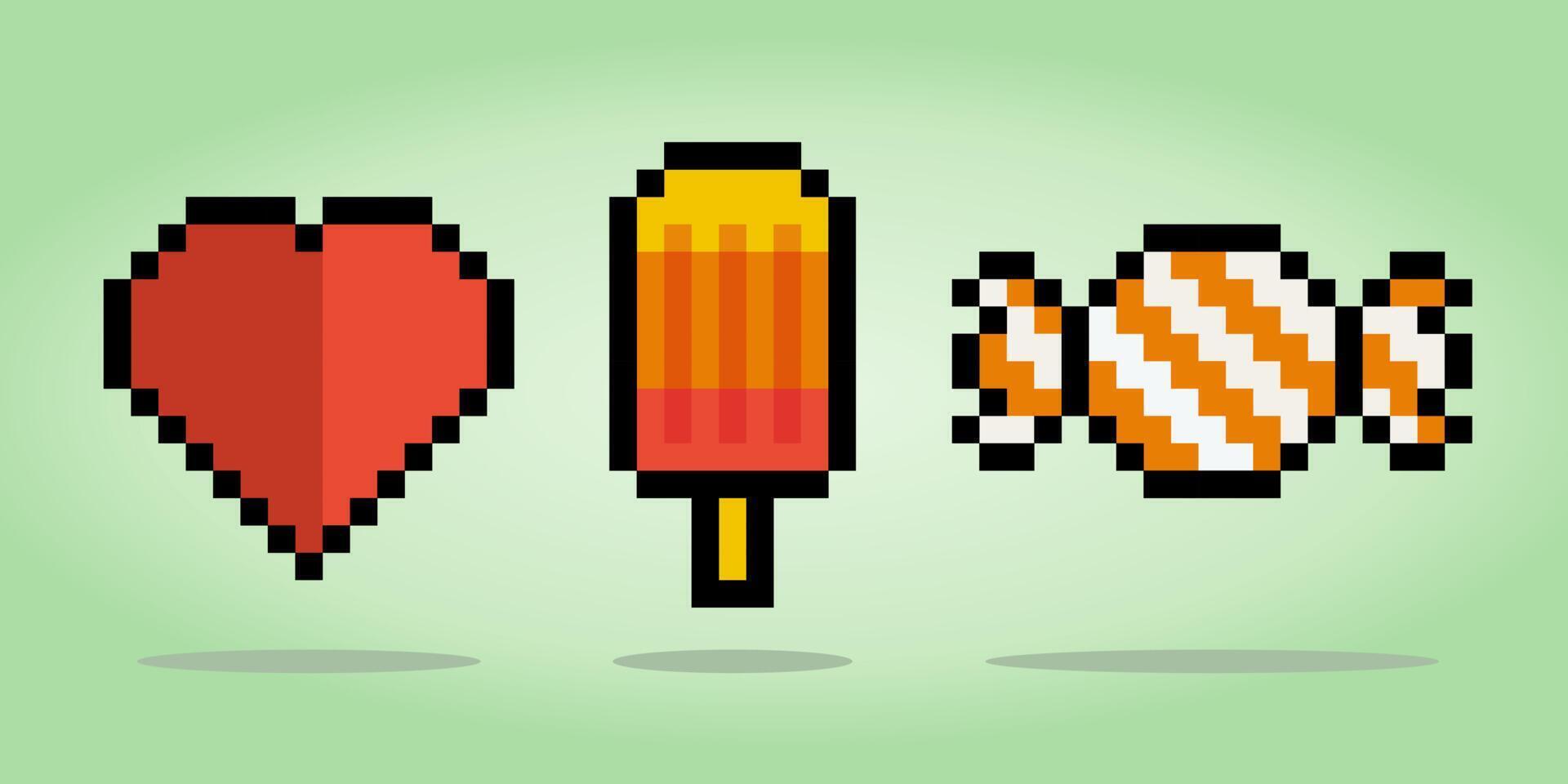 8 bit pixel of ice cream and candy with love symbol. food for game assets and cross stitch patterns in vector illustrations.