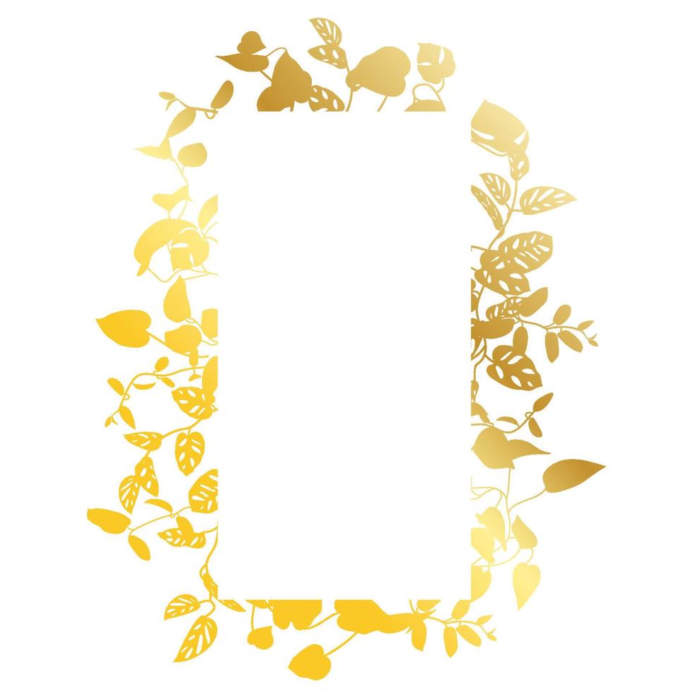Trendy gold tropical leaves of different creepers with white sheet. Card with exotic liana leaves frame. vector