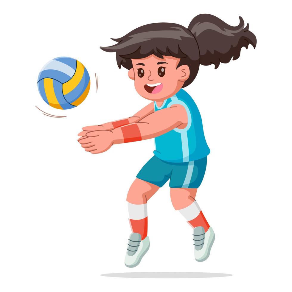 contento linda niño niña jugando vóleibol en un blanco antecedentes. vector ilustración