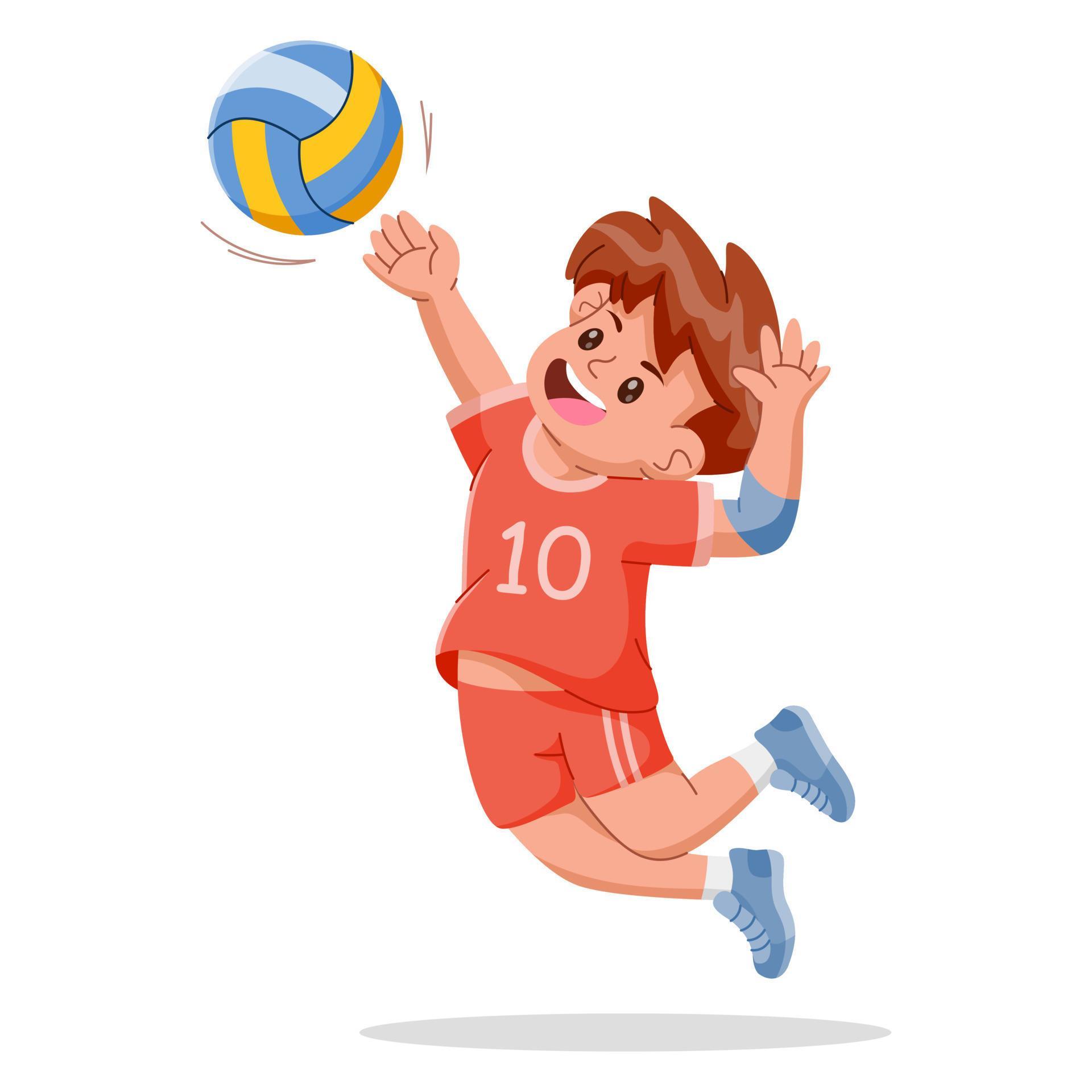 Happy cute kid boy playing volleyball on a white background. Vector ...