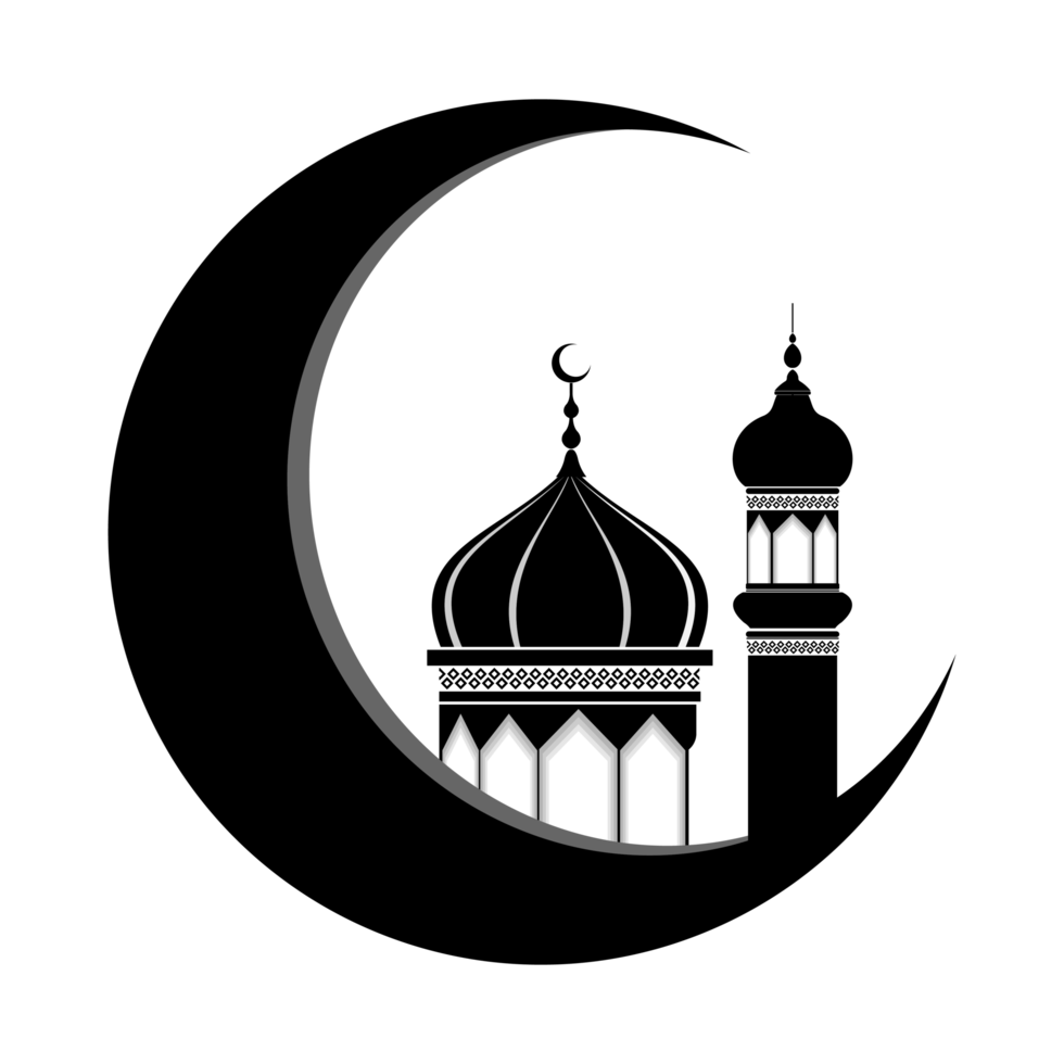 A black silhouette of a crescent moon with a mosque dome and minaret inside png