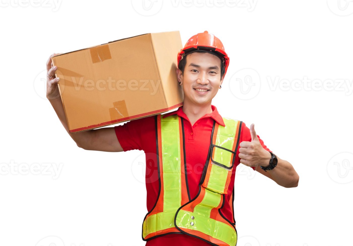 Male worker in hardhat holding cardboard box walking through in retail warehouse, Warehouse worker working in factory warehouse, Man carrying box and showing thumbs up png