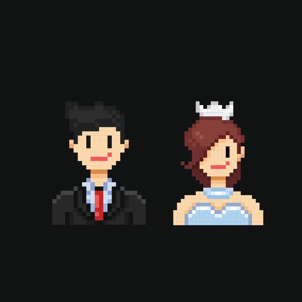 grooms and brides couple in pixel art style vector