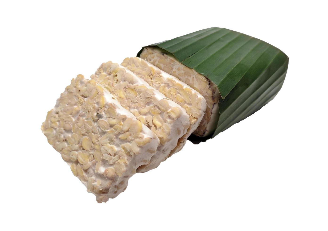 Raw Tempeh or Tempe, Indonesian traditional food, made from fermented soybeans, On White Background. photo
