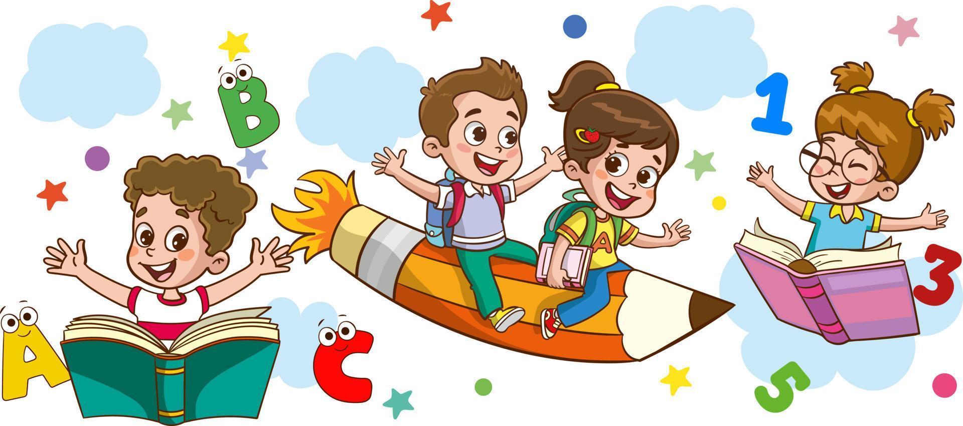 fun educational images with educational materials.Funny Kid Flying On Colorful Pencil cartoon vector