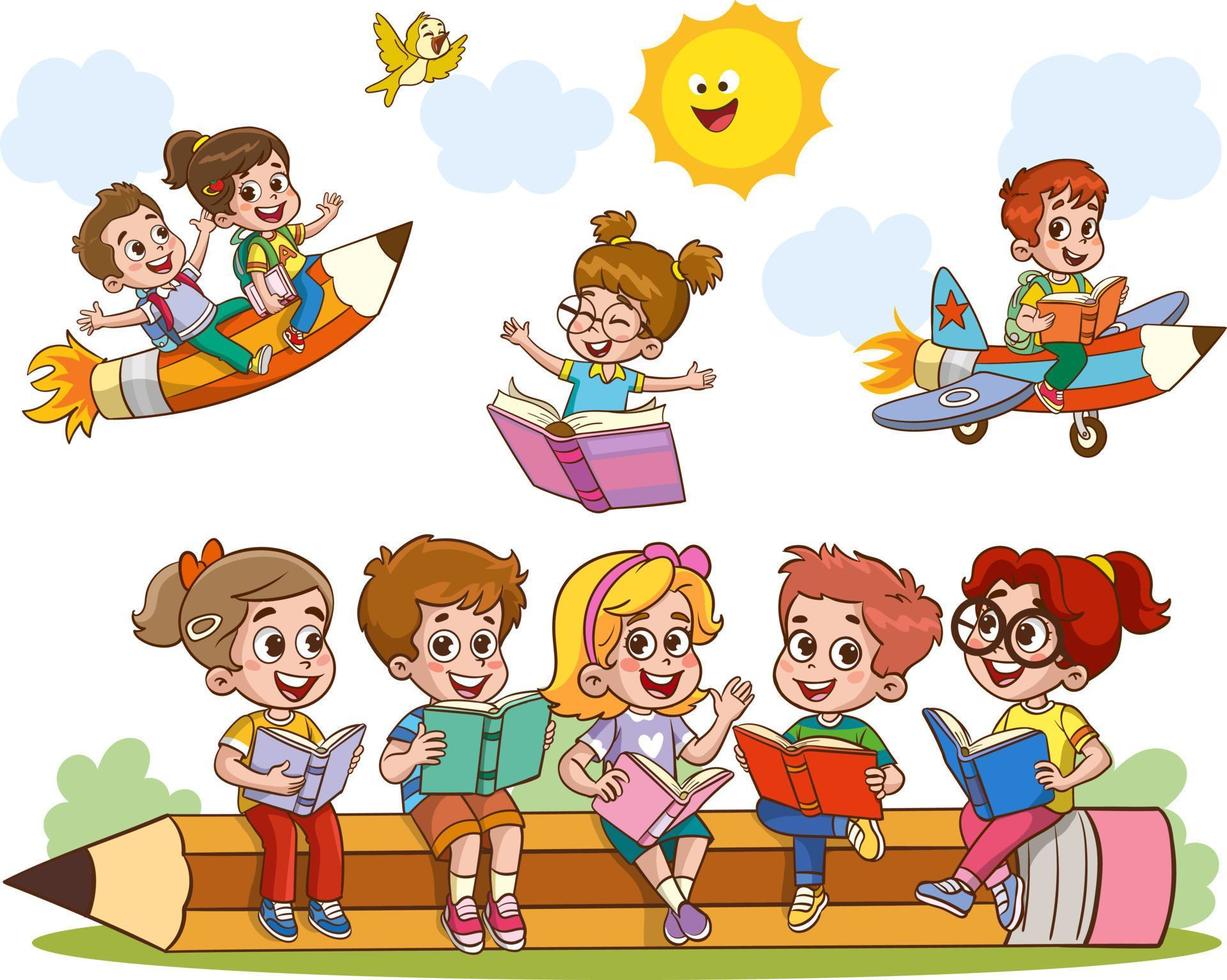 fun educational images with educational materials.Funny Kid Flying On Colorful Pencil cartoon vector