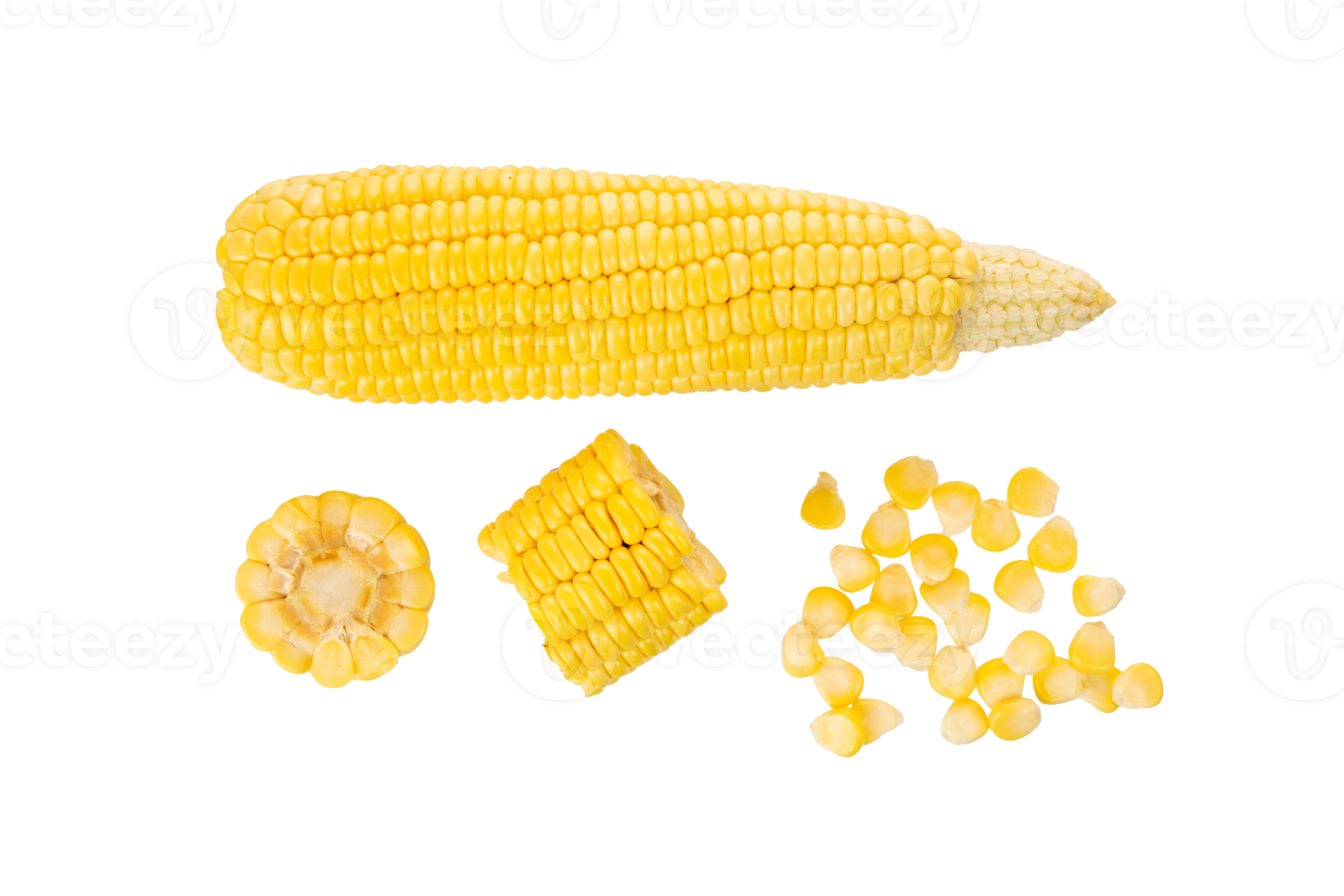 Set of whole and slice corn. Round slice and grain corn 22609823 PNG