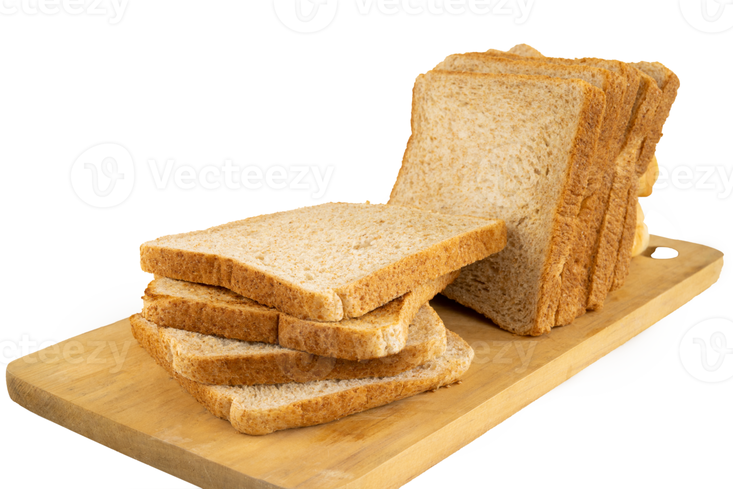 Sliced wheat bread served on a wooden cutting board png