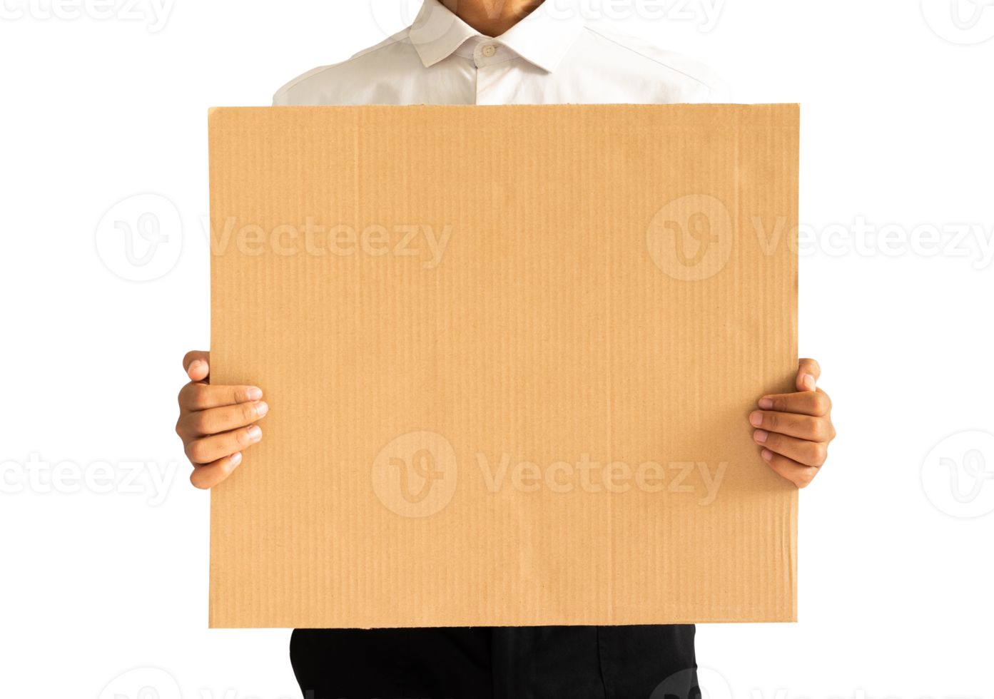 Business man holding blank cardboard for mockups png