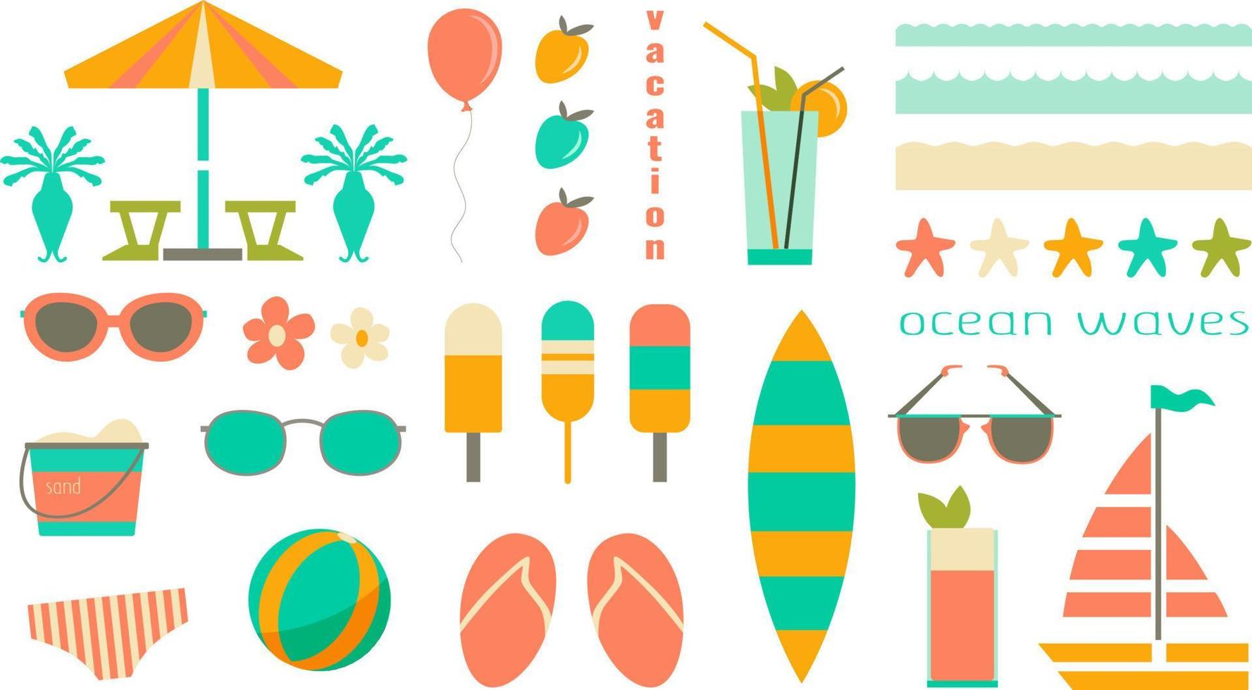 Vector collection of summer objects in a flat style, simple summer stickers, seasonal illustrations.