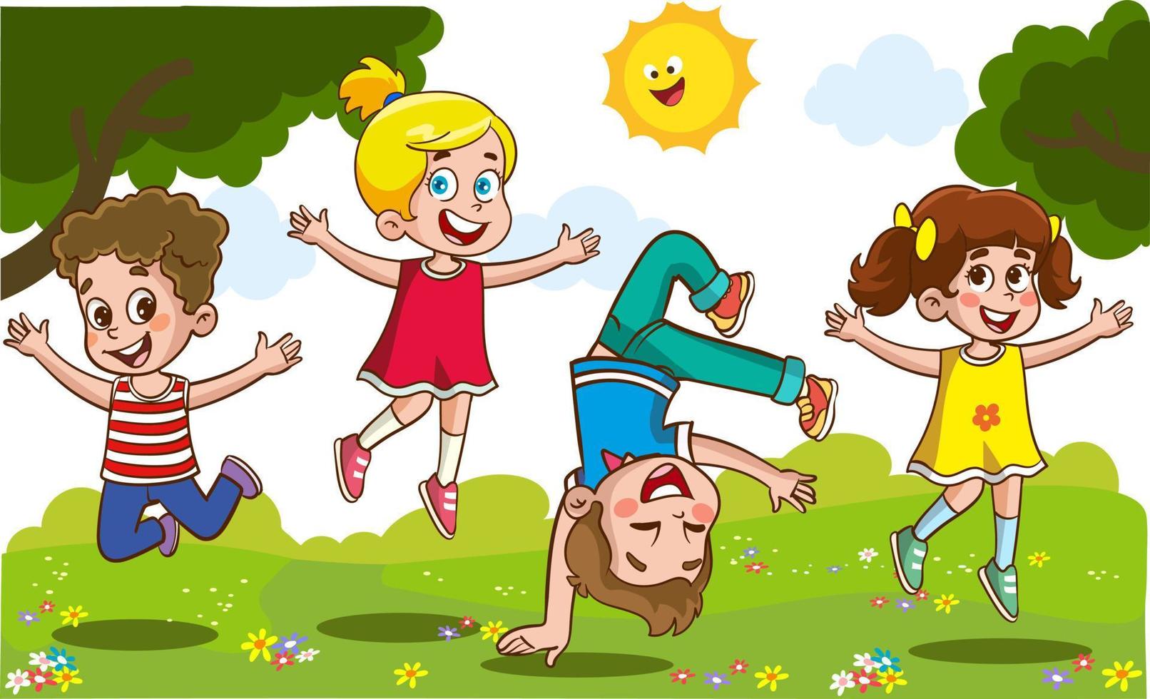 contento pequeño niños teniendo divertida. vector ilustración de linda niños saltando bailando