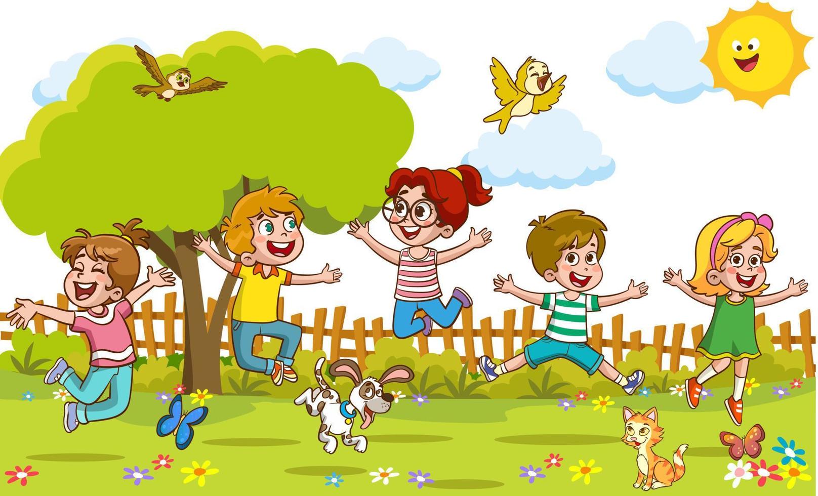 contento pequeño niños teniendo divertida. vector ilustración de linda niños saltando bailando