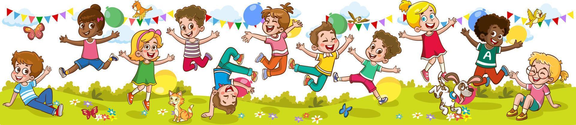 contento pequeño niños teniendo divertida. vector ilustración de linda niños saltando bailando