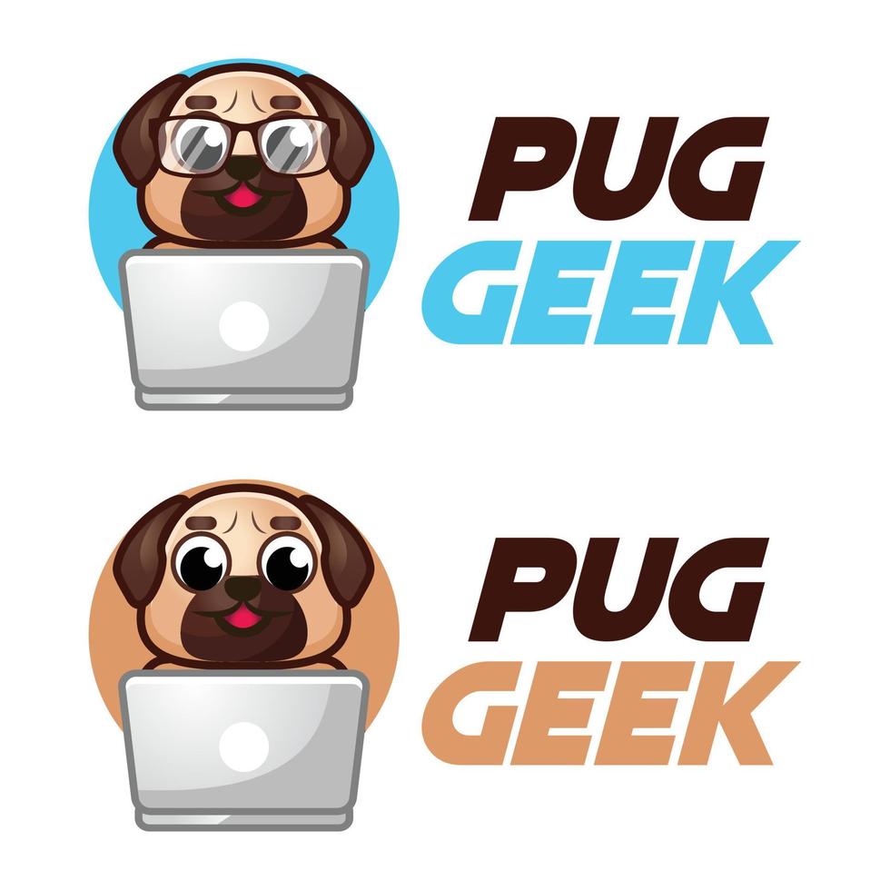 Modern vector flat design simple minimalist logo template of pug dog geek nerd smart mascot character vector collection for brand, emblem, label, badge. Isolated on white background.