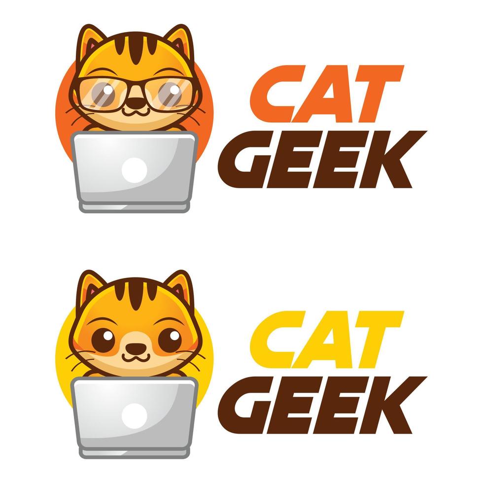 Modern vector flat design simple minimalist logo template of cat geek nerd smart mascot character vector collection for brand, emblem, label, badge. Isolated on white background.