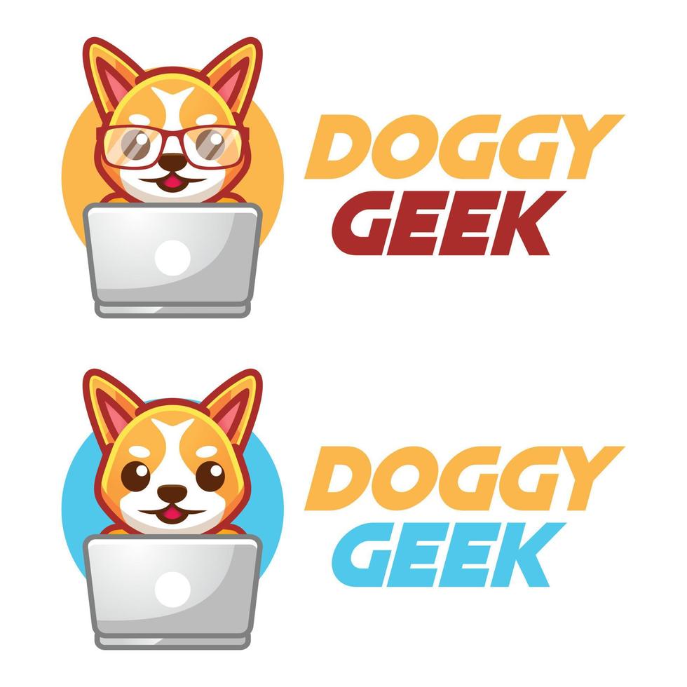 Modern vector flat design simple minimalist logo template of corgi dog geek nerd smart mascot character vector collection for brand, emblem, label, badge. Isolated on white background.