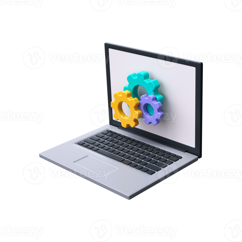 3d Laptop and gears icon. Technical support icon. Computer service. png