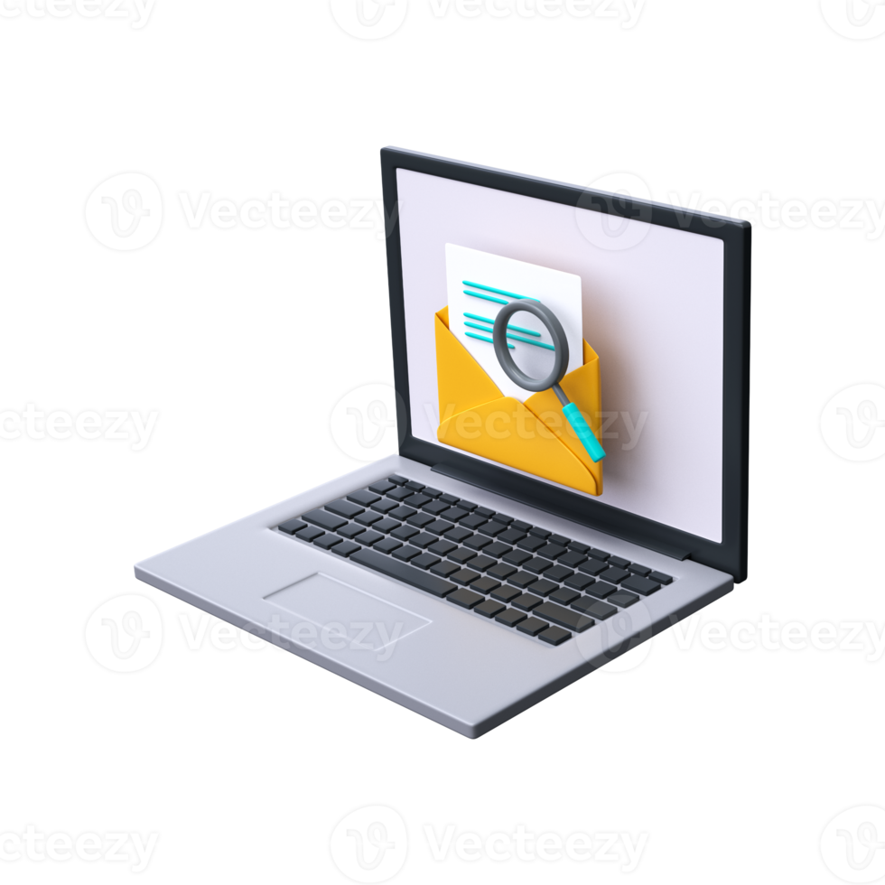 Mail search 3d icon. Letter with magnifying glass on laptop screen. png