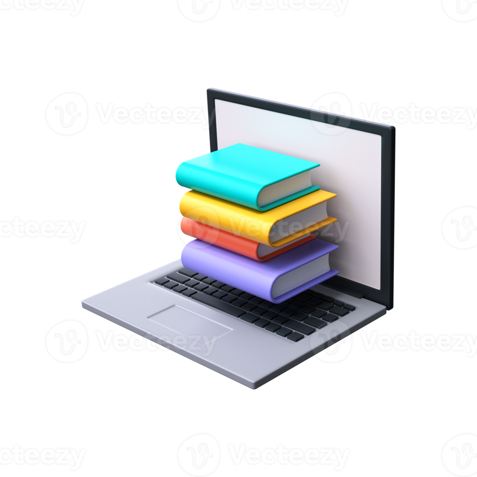 3d online library concept. A stack of books on a laptop screen.. png