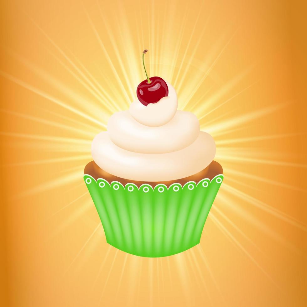 Cupcake with cream and cherry. Cupcake with whipped cream and cherries, packaged in a green corrugated paper cup, placed on a sparkling background. Vector illustration.