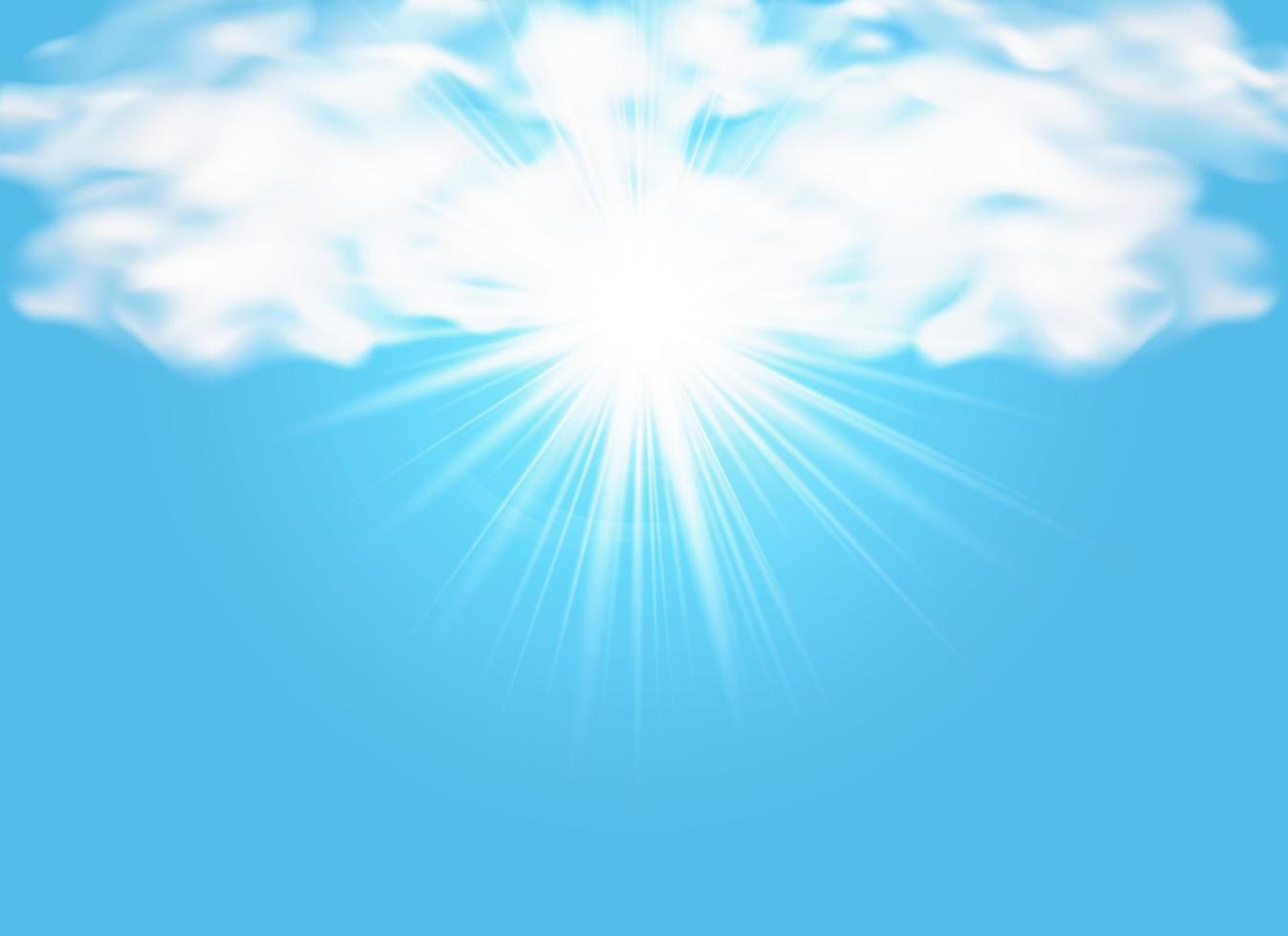 Background with rays and clouds. Blue sky with sun with glowing sunbeams, flare, light. Dynamic background with vivid rays emanating from a central point. Vector illustration.