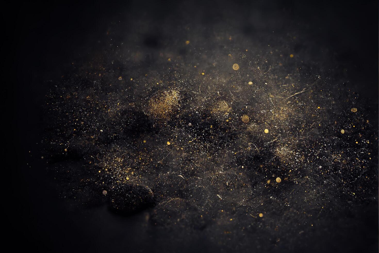 Black texture background with small golden glitter bokeh sparkles lights. Nebula and stars in space. photo