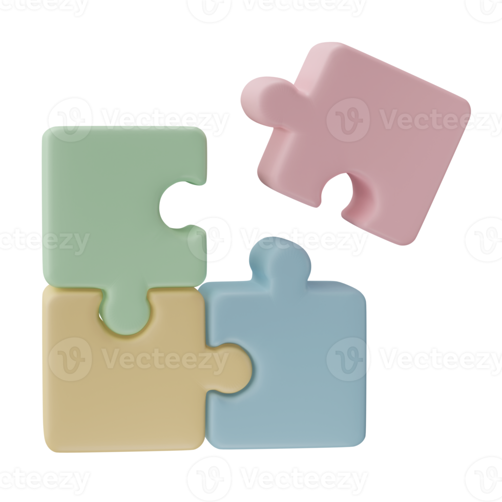 3D jigsaw puzzle pieces isolated on transparent background. Problem-solving, business connecting, cooperation, partnership concept. png