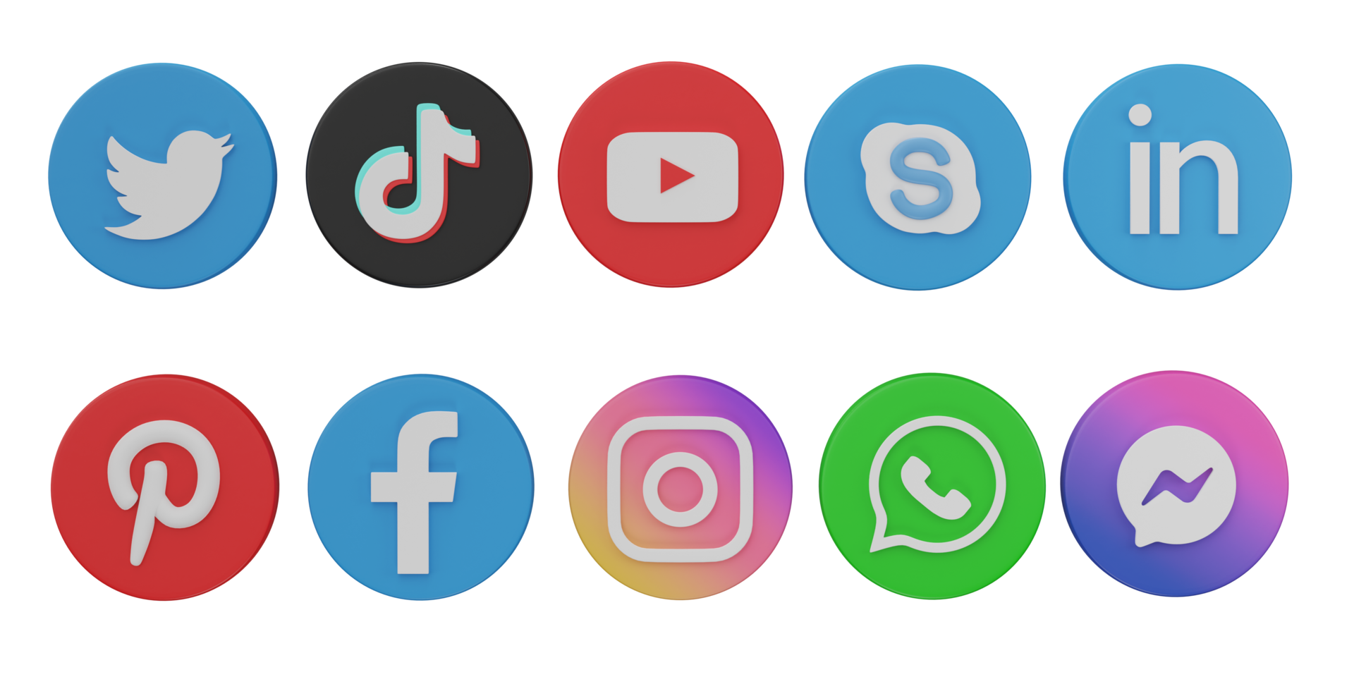 sociale media icone su trasparente sfondo. instagram, Facebook, messaggero, cinguettio, tic toc, WhatsApp, Youtube, logo impostare. 3d editoriale illustrazione. png