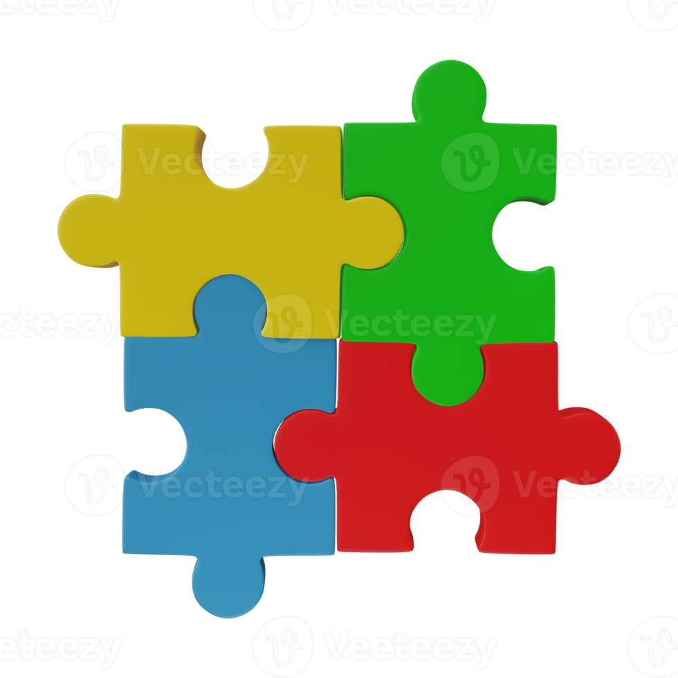 3D jigsaw puzzle pieces isolated on transparent background. Problem-solving, business connecting, cooperation, partnership concept. png