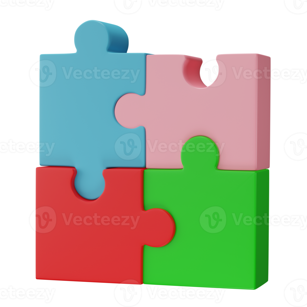 3D jigsaw puzzle pieces isolated on transparent background. Problem-solving, business connecting, cooperation, partnership concept. png