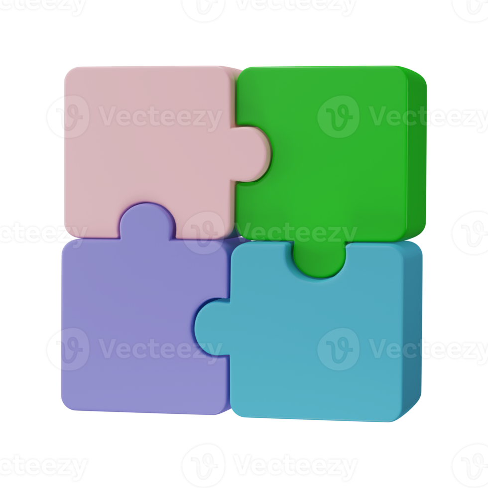 3D jigsaw puzzle pieces isolated on transparent background. Problem-solving, business connecting, cooperation, partnership concept. png