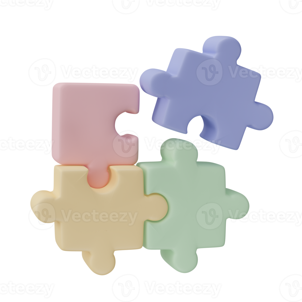 3D jigsaw puzzle pieces isolated on transparent background. Problem-solving, business connecting, cooperation, partnership concept. png