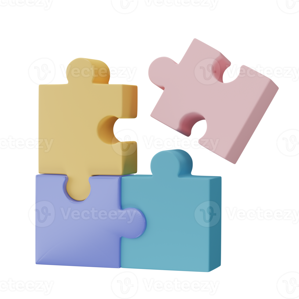 3D jigsaw puzzle pieces isolated on transparent background. Problem-solving, business connecting, cooperation, partnership concept. png