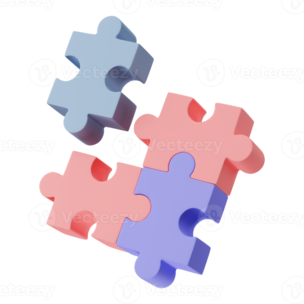 3D jigsaw puzzle pieces isolated on transparent background. Problem-solving, business connecting, cooperation, partnership concept. png