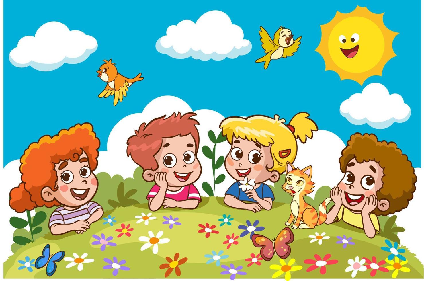 dibujos animados niños acostado en césped vector