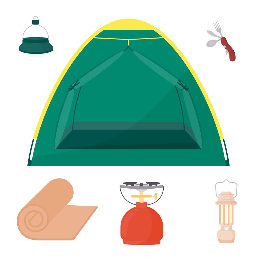 Camping kit. Tourist tent, temporary shelter. LED camping lamp. Portable flashlight. Rolled carpet for sports or hiking. Gas stove for tourists. The burner. Portable cutlery set. Vector illustration.