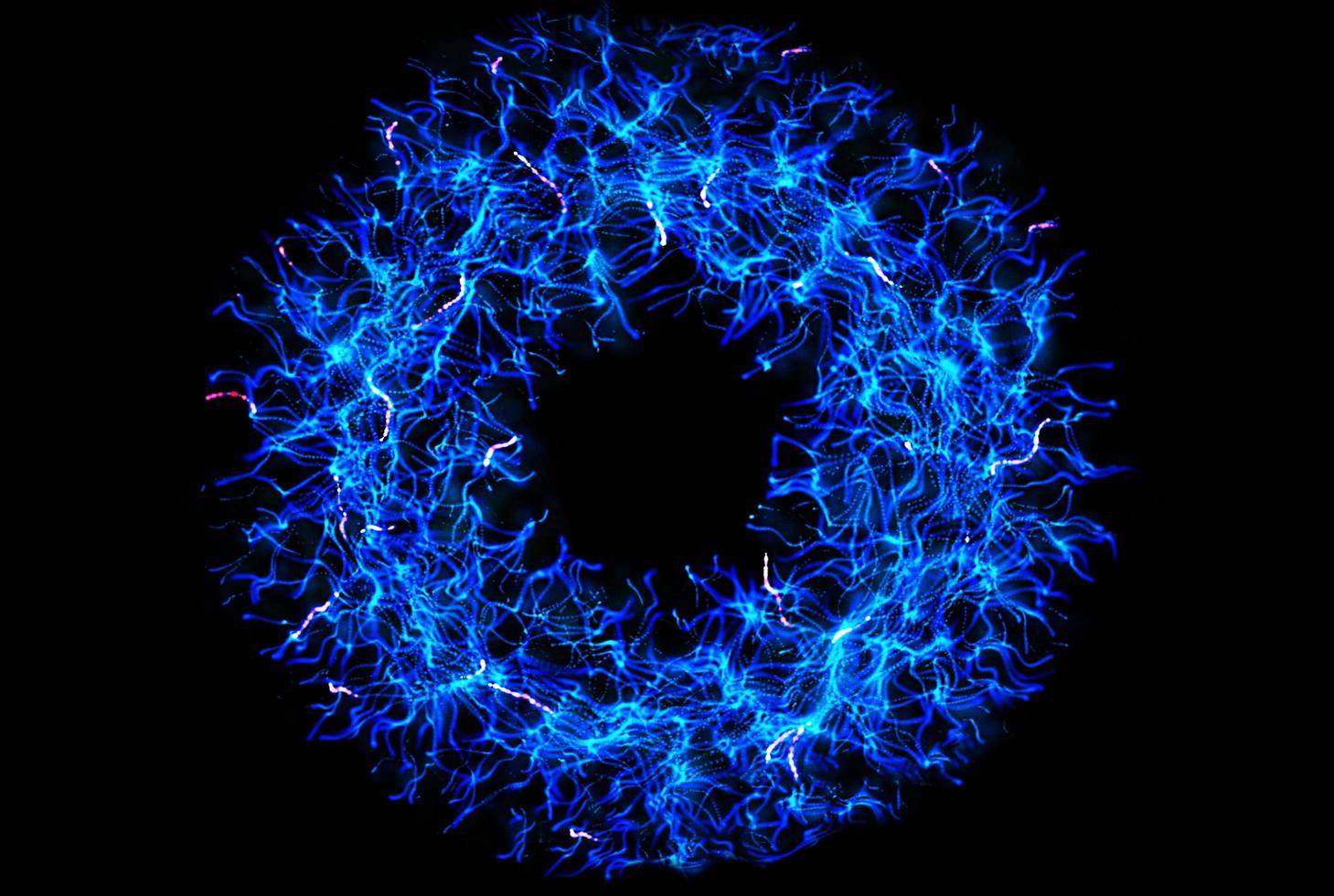 Futuristic blue donut filed with sparkle violet white line - computer illustration graphic science technology background concept photo