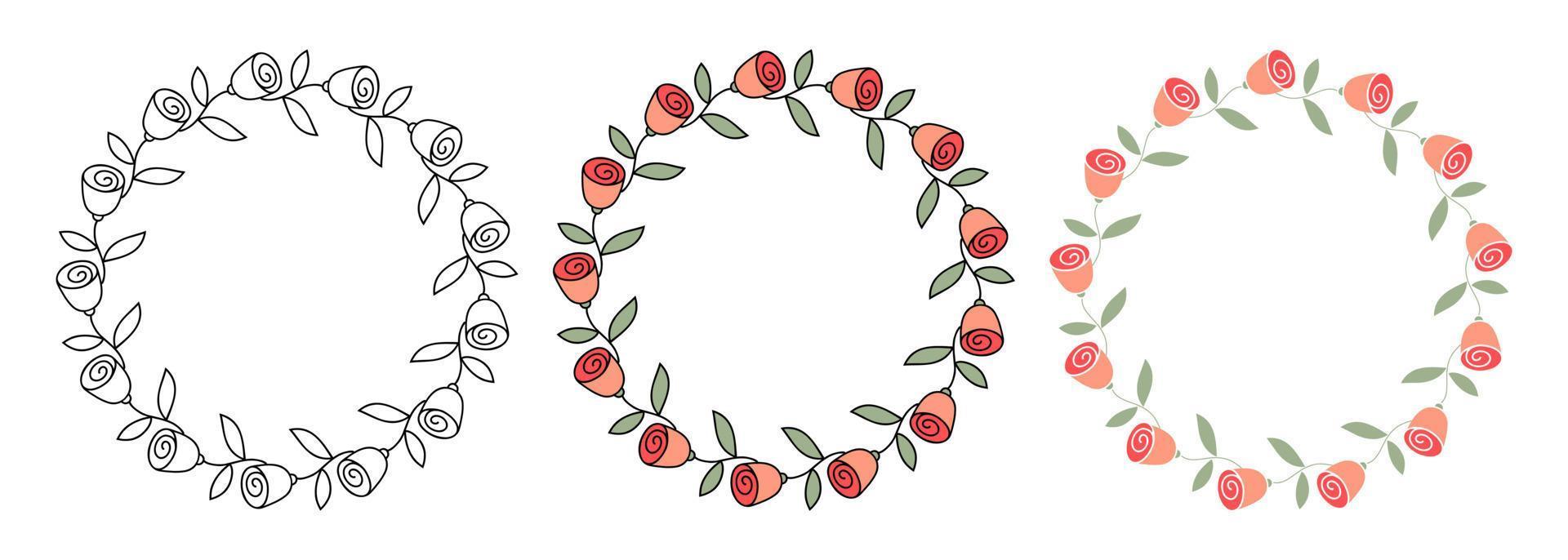 Clip art of three different hand drawn wreath of doodle roses on isolated background. Design for mothers day, springtime and summertime celebration, scrapbooking, wedding invitation, home decor. vector