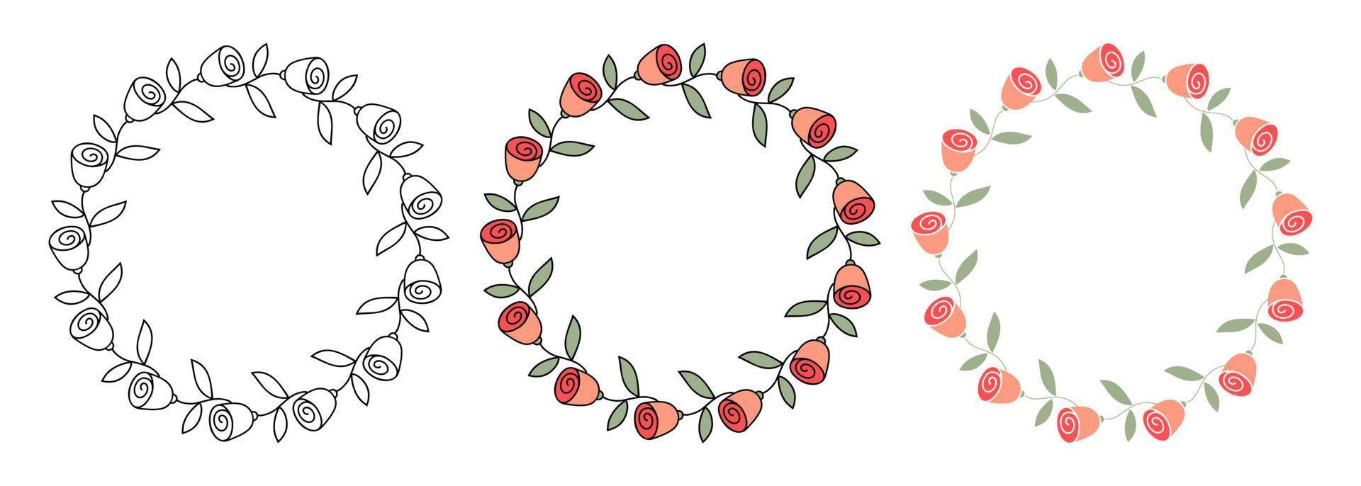 acortar Arte de Tres diferente mano dibujado guirnalda de garabatear rosas en aislado antecedentes. diseño para madres día, primavera y Hora de verano celebracion, álbum de recortes, Boda invitación, hogar decoración. vector