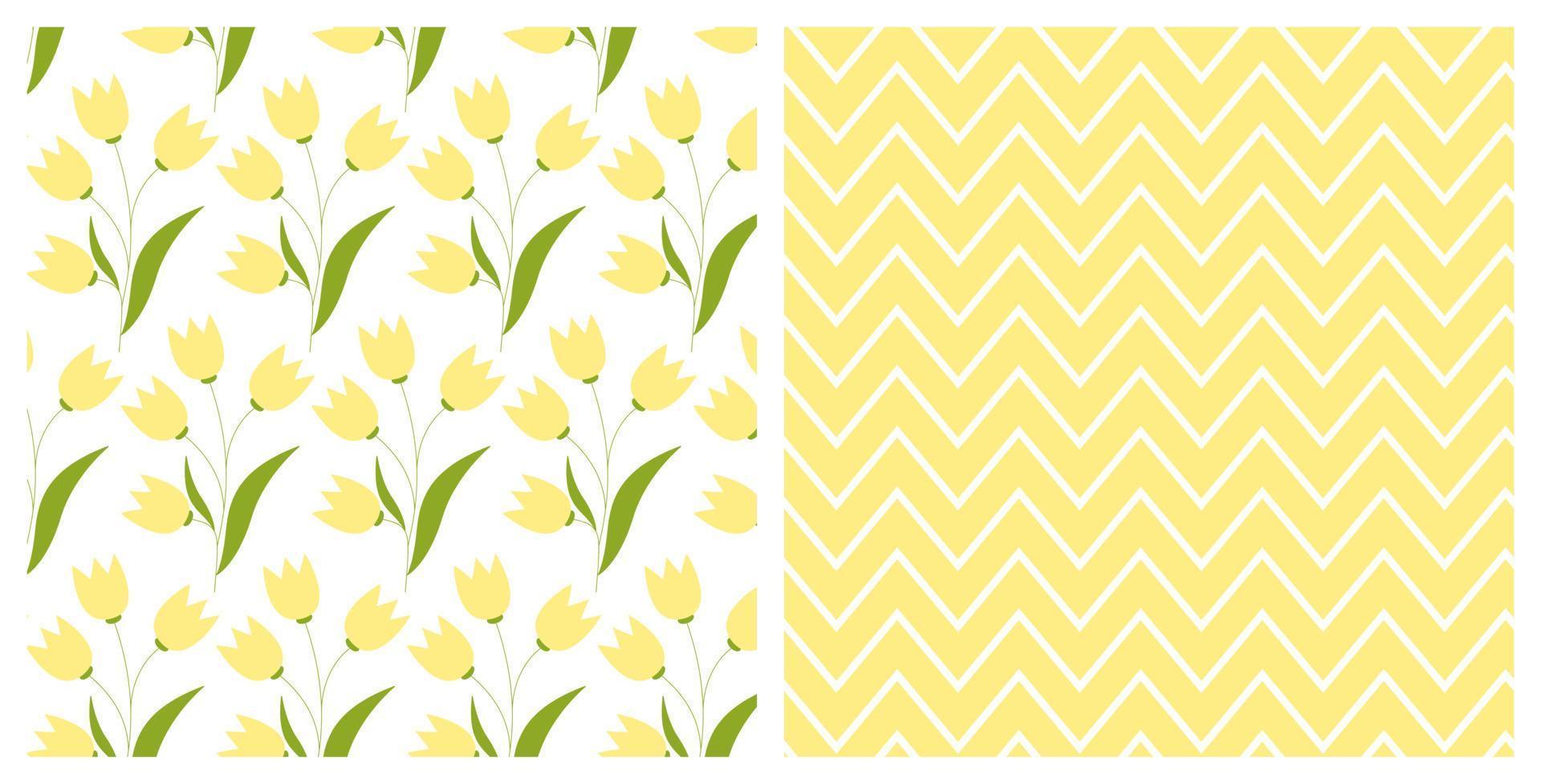 Set of seamless patterns with hand drawn doodle tulip flowers and chevron pattern on isolated background. Design for mothers day, Easter, springtime and summertime celebration, scrapbooking. vector