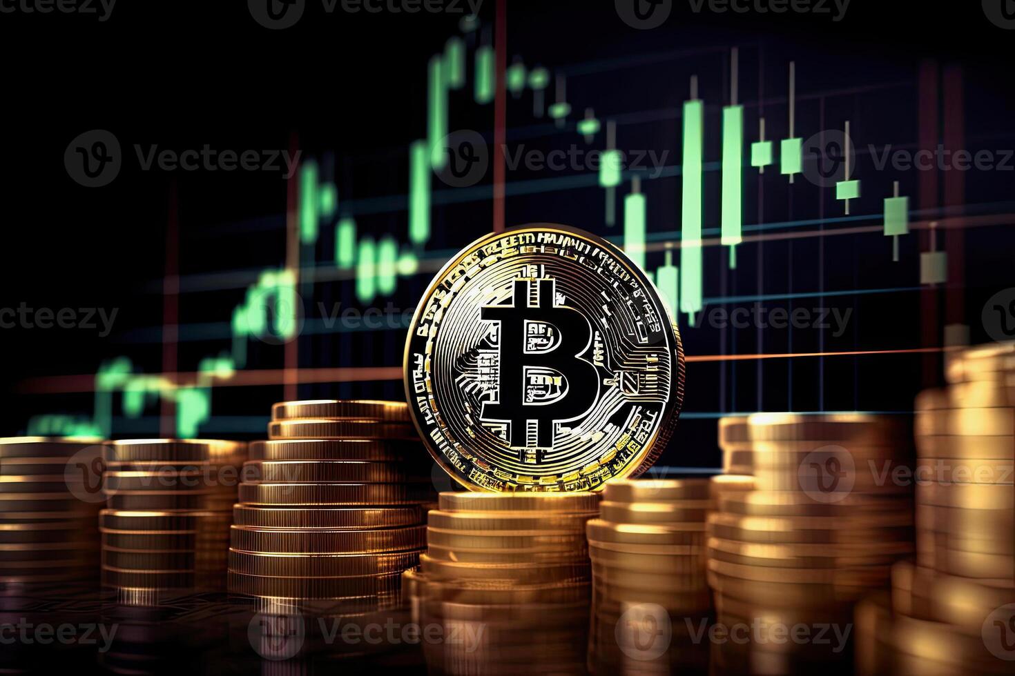 illustration of stacked bitcoins in front of a chart photo