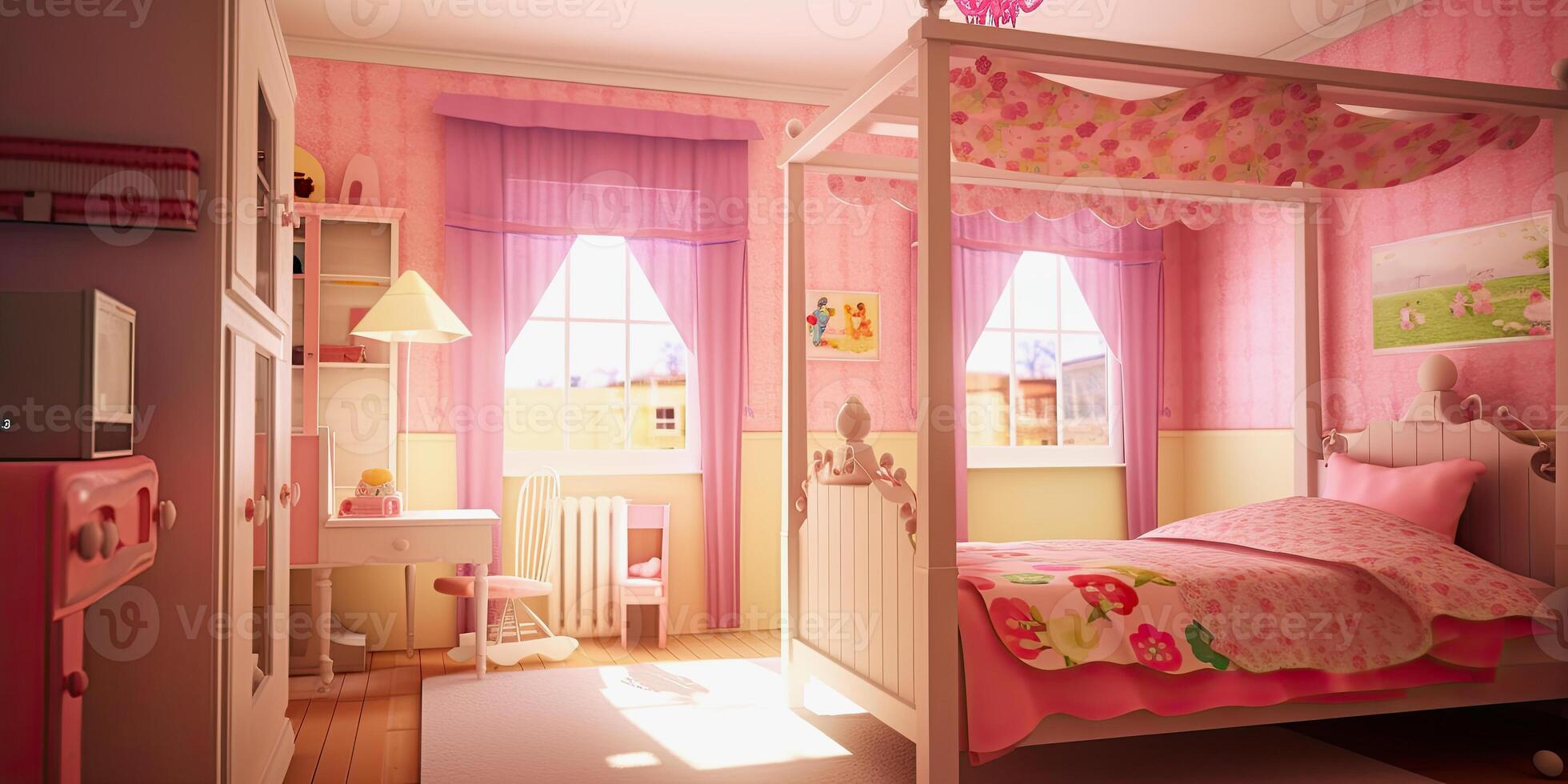 generativo ai ilustración de un rosado de colores niños habitación foto