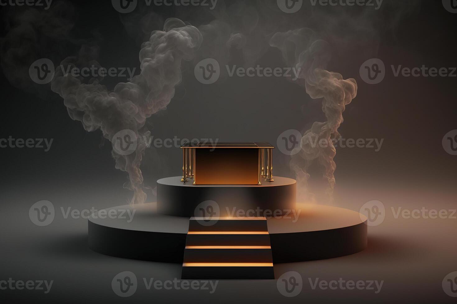 Realistic 3D podium with smoke and dark color for product display. photo