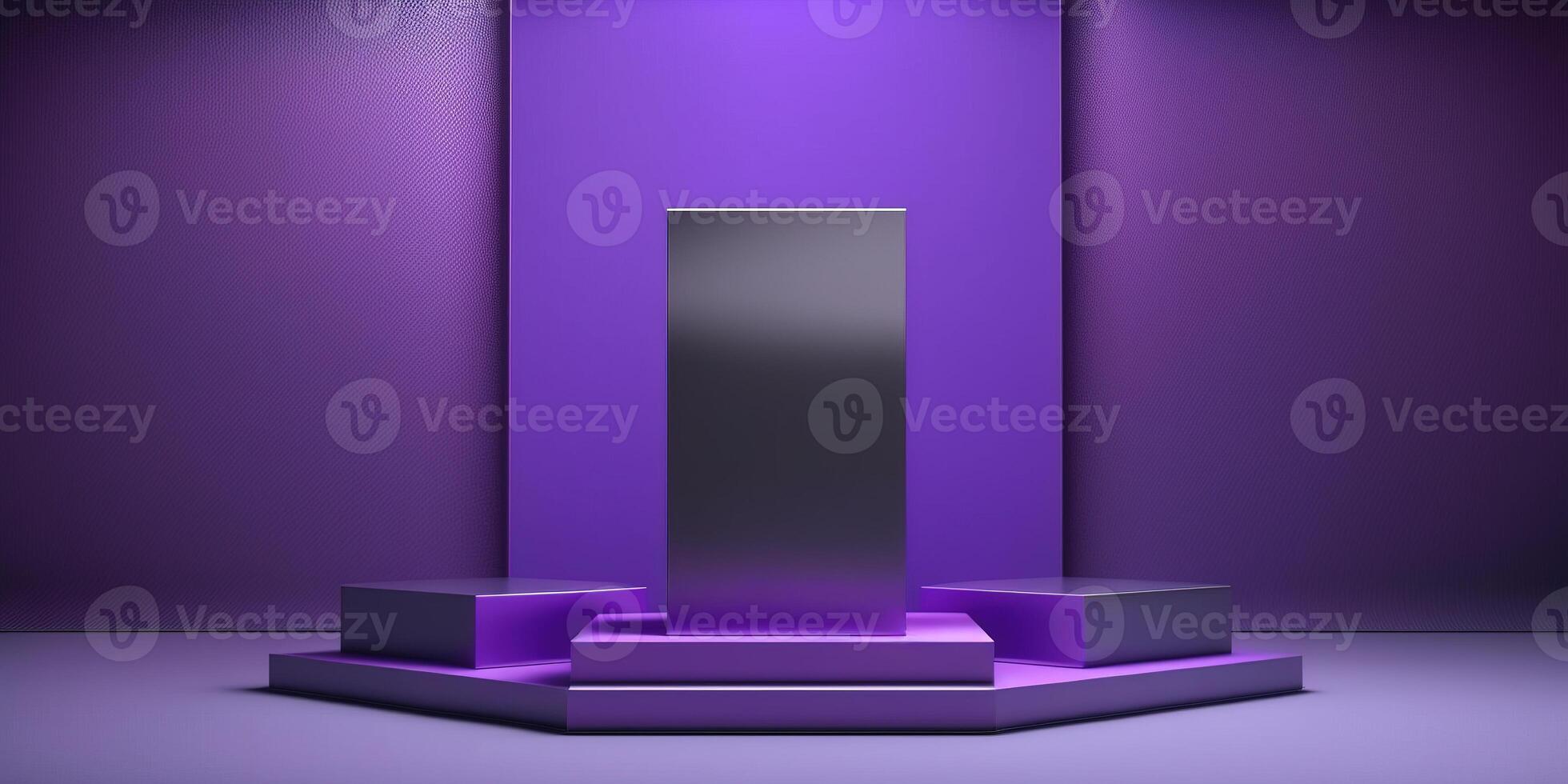 Realistic 3D purple theme podium for product display. photo