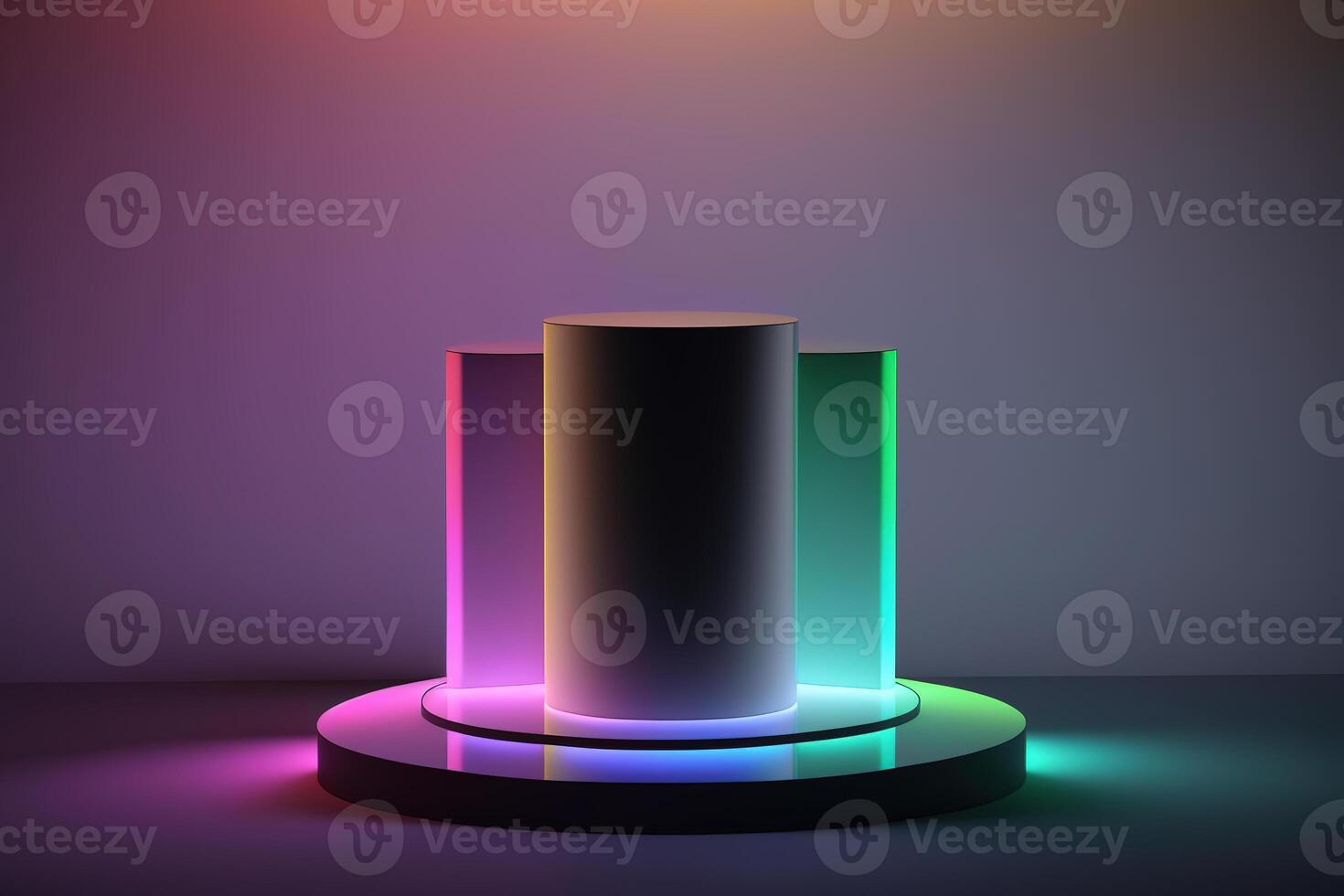 Realistic 3D cylinder with a colorful neon light podium for product display. photo