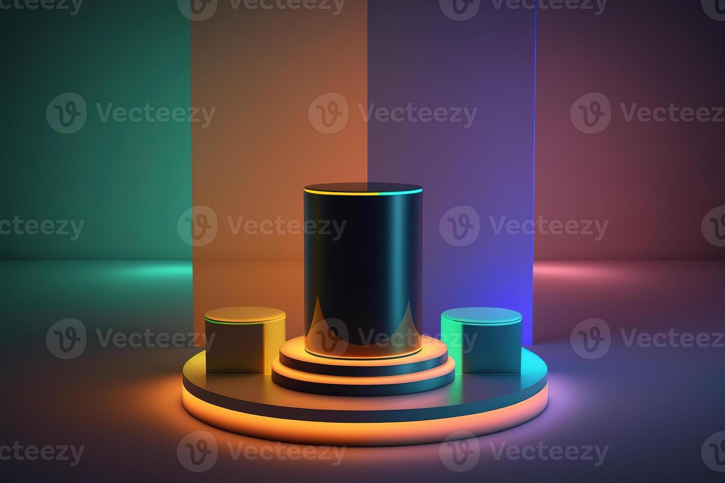 Realistic 3D cylinder with a colorful neon light podium for product display. photo