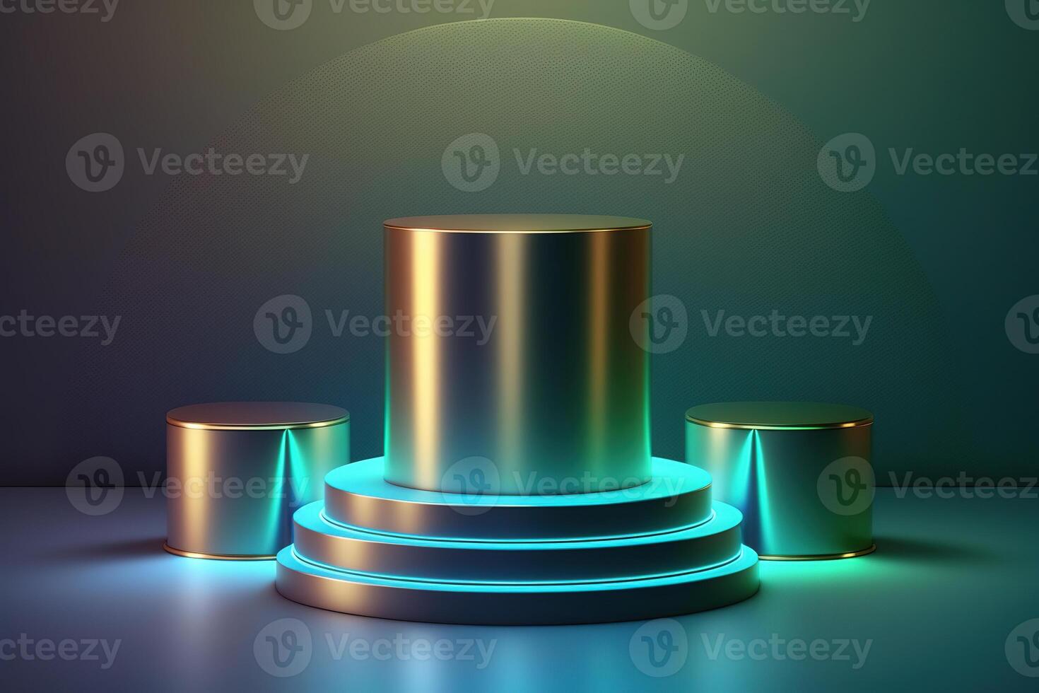 Realistic 3D cylinder with a colorful neon light podium for product display. photo